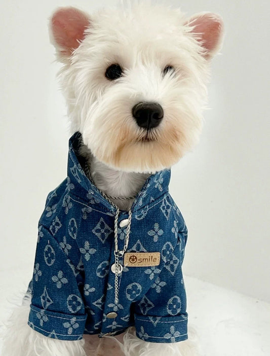 Luxury Denim Shirt for Dogs & Cats – Stylish Monogram Pet Apparel